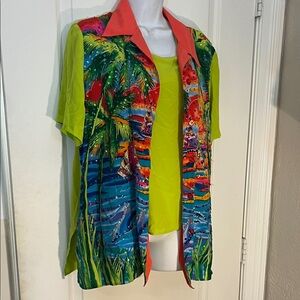 Diane Gilman Colorful Tropical Button Down two pieces Shirt and tank top